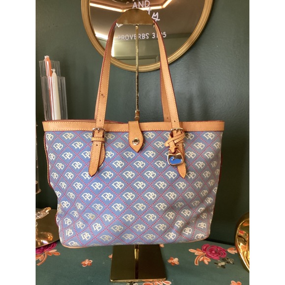 Vintage Dooney & Bourke Signature Logo Tote Bag Blue with LeatherTrim